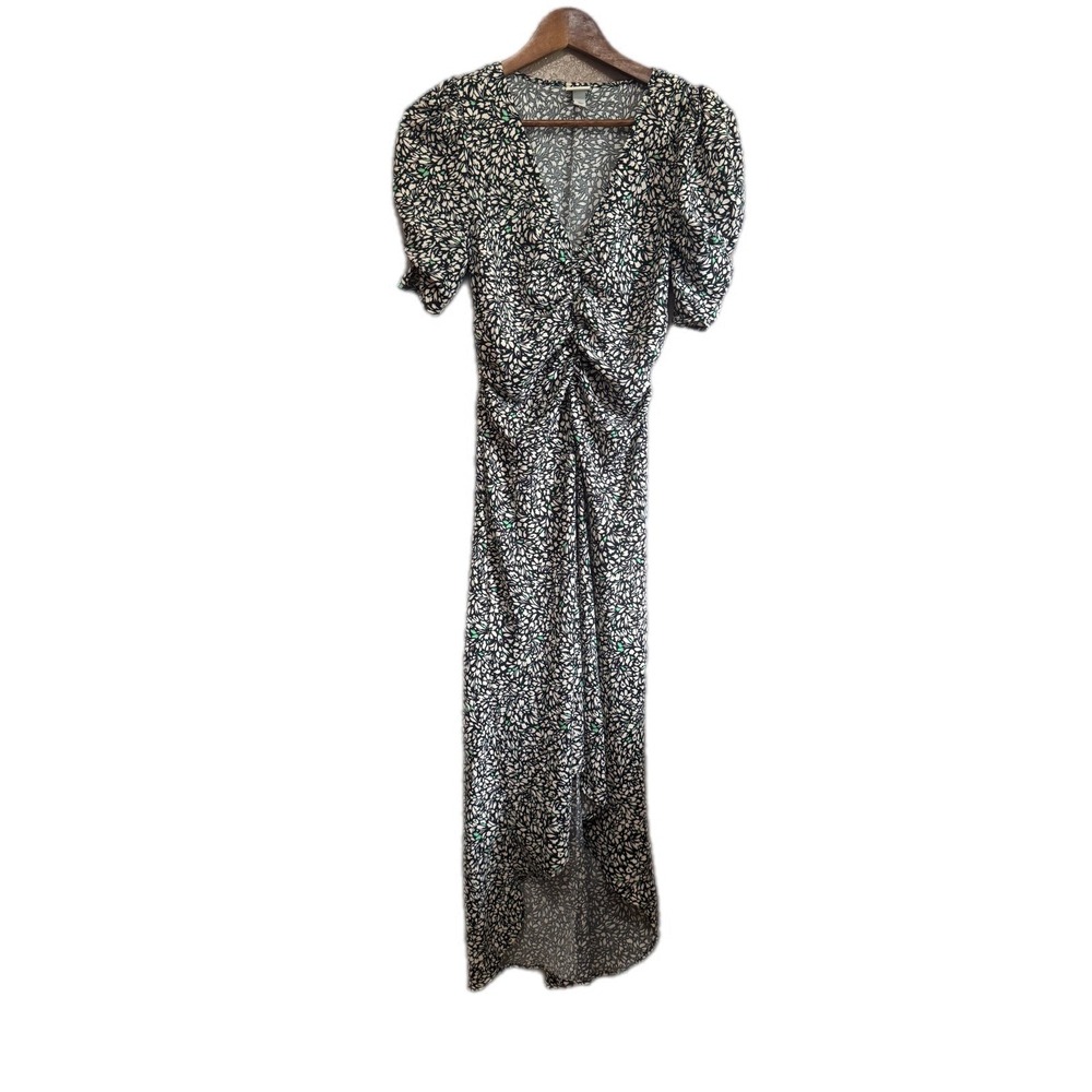 A New Day Maxi Dress Womens XS Black White Floral Excellent Ruched Puff Sleeve